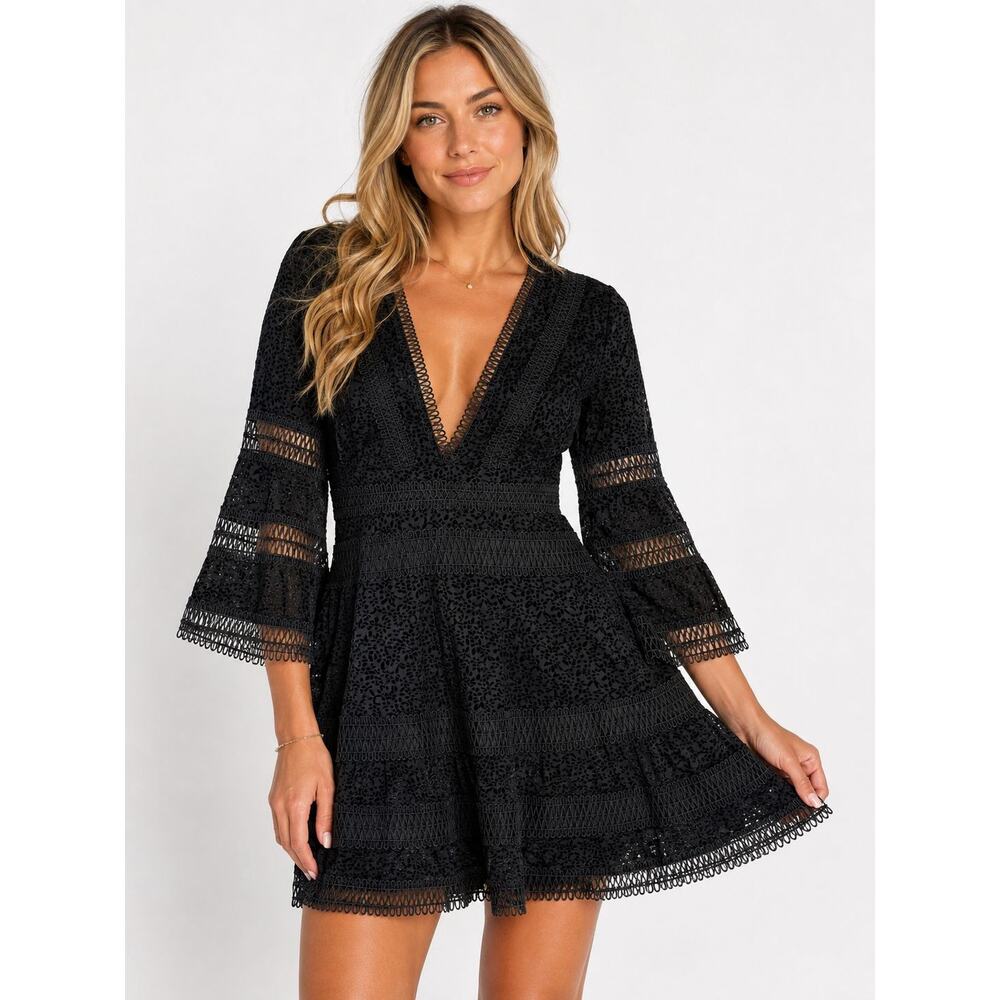 AQUA Bloomingdale’s Black Flocked Floral Bell Sleeve Fit & Flare Mini Dress S